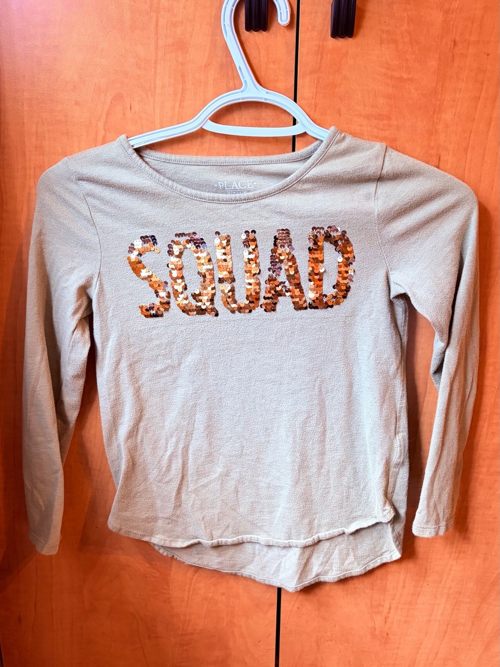 Place Beige Long-Sleeve Tee with Copper Sequin 'SQUAD'